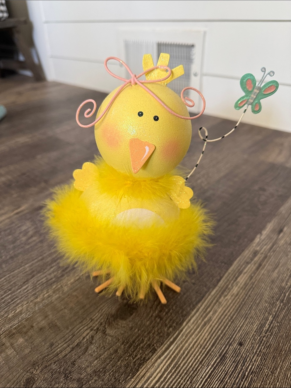 Pier 1 Yellow Feather Chick Figurine with Pink Wire Accent and Green Butterfly
